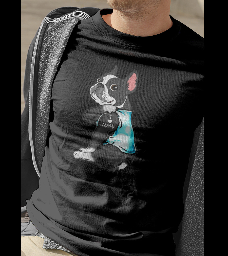 Boston Terrier I Love Mama Tattoo Art Blue T-Shirt