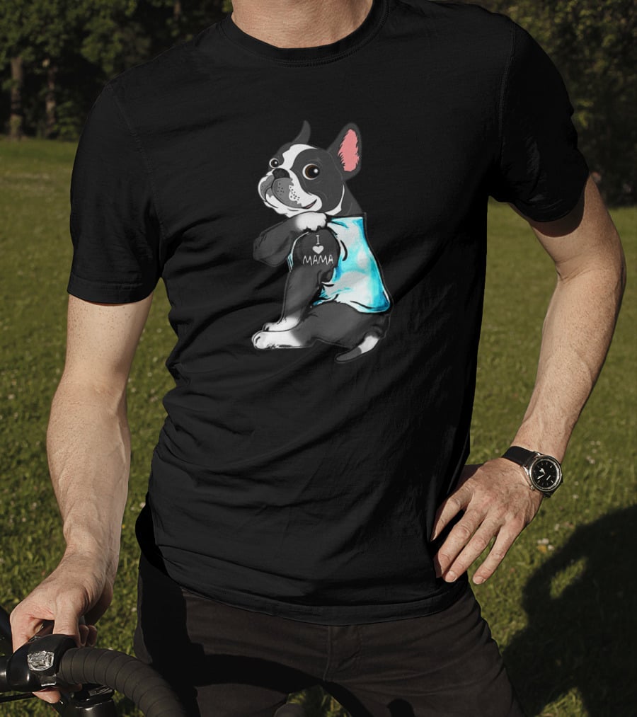 Boston Terrier I Love Mama Tattoo Art Blue T-Shirt