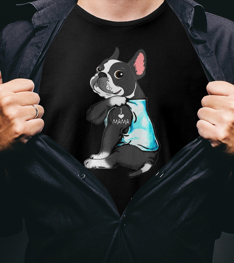 Boston Terrier I Love Mama Tattoo Art Blue T-Shirt