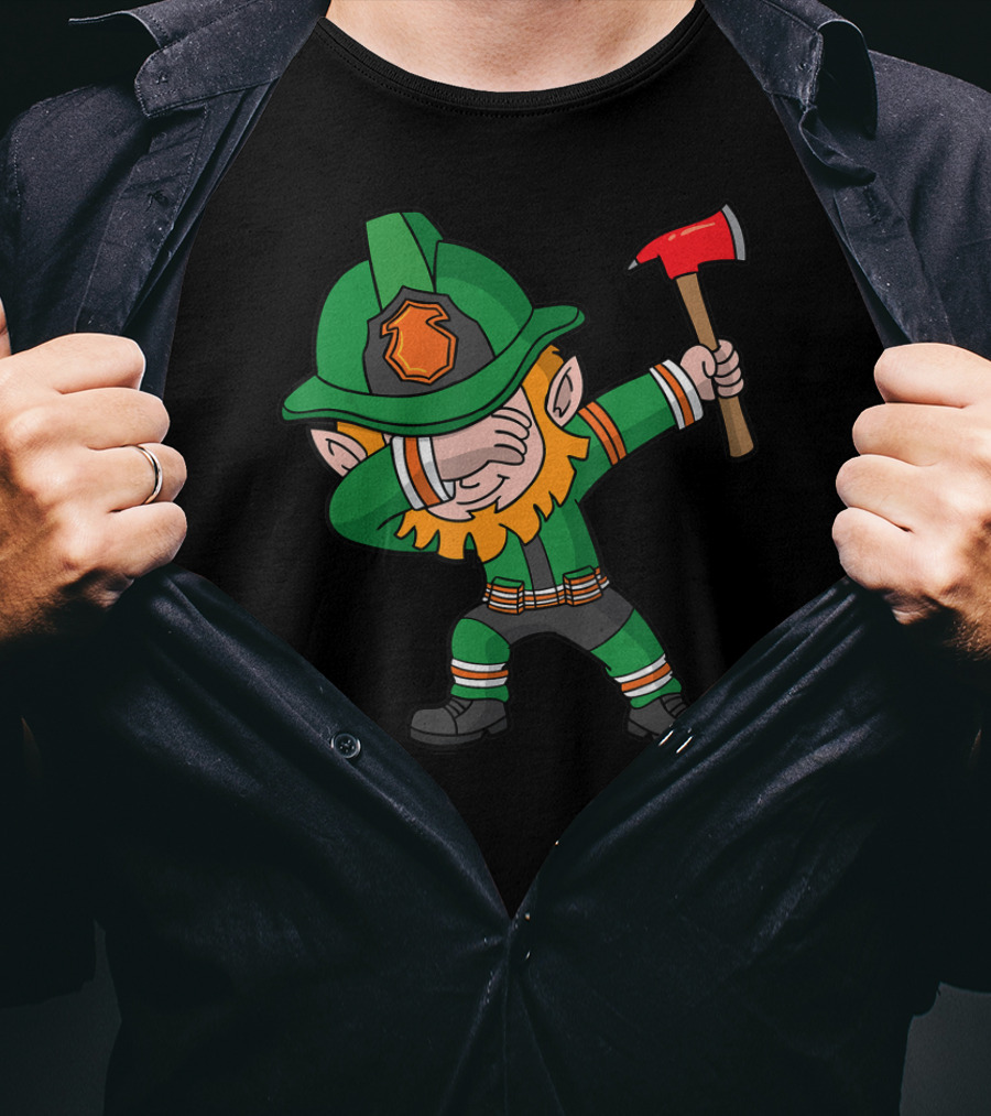 St Patricks Day Leprechaun Firefighter Dabbing With Axe T-Shirt