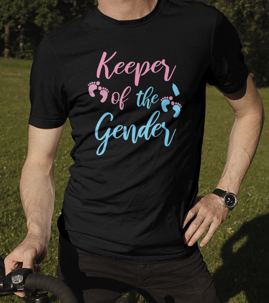 Keeper Of The Gender Party Supplies Pink And Blue Footprints And Baby Bottle T-Shirt