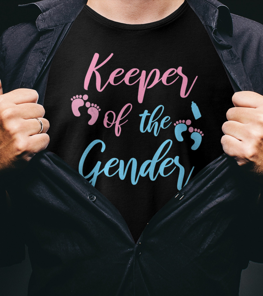 Keeper Of The Gender Party Supplies Pink And Blue Footprints And Baby Bottle T-Shirt