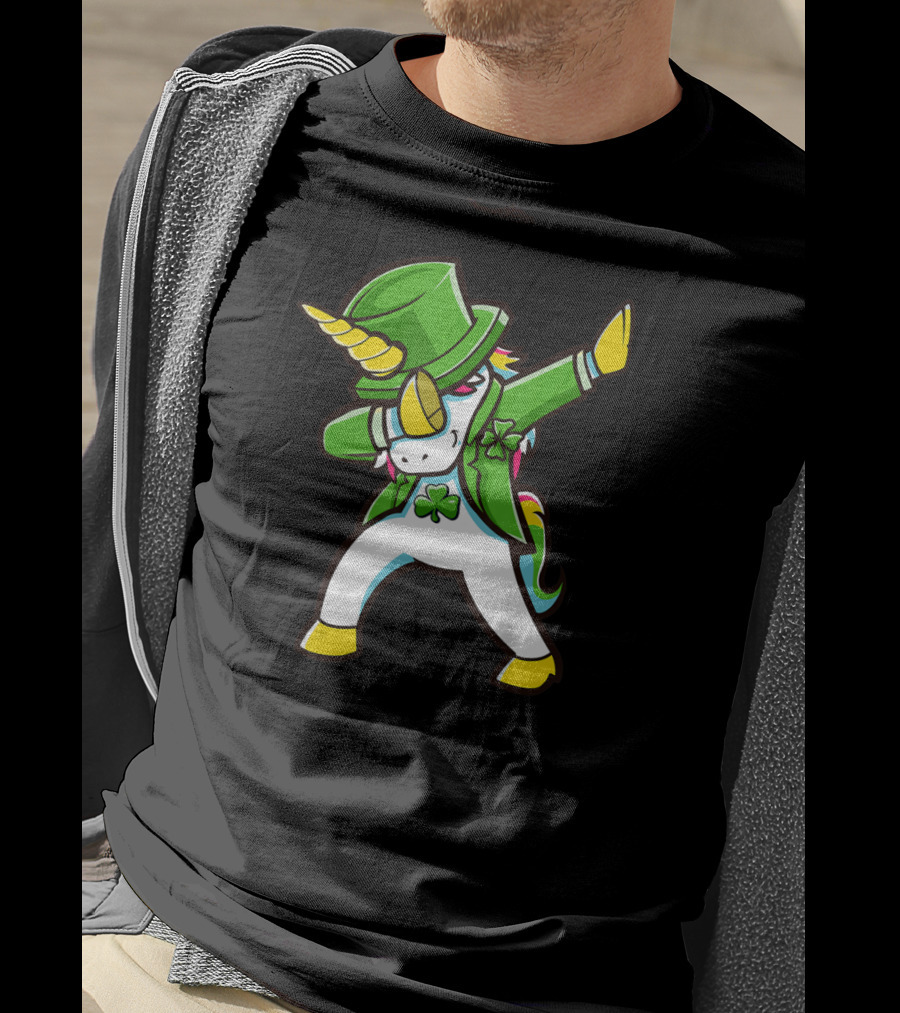 St Patricks Unicorn Dabbing Shamrock Hat Green Jacket T-Shirt