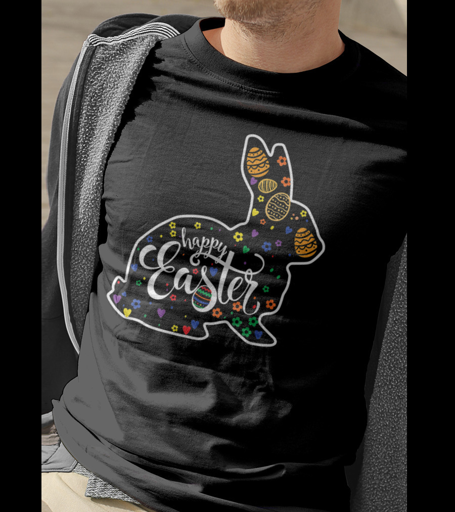 Happy Easter Colorful Bunny With Eggs And Flowers T-Shirt