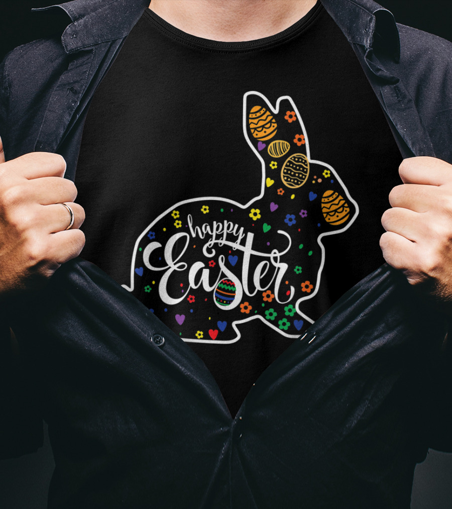 Happy Easter Colorful Bunny With Eggs And Flowers T-Shirt
