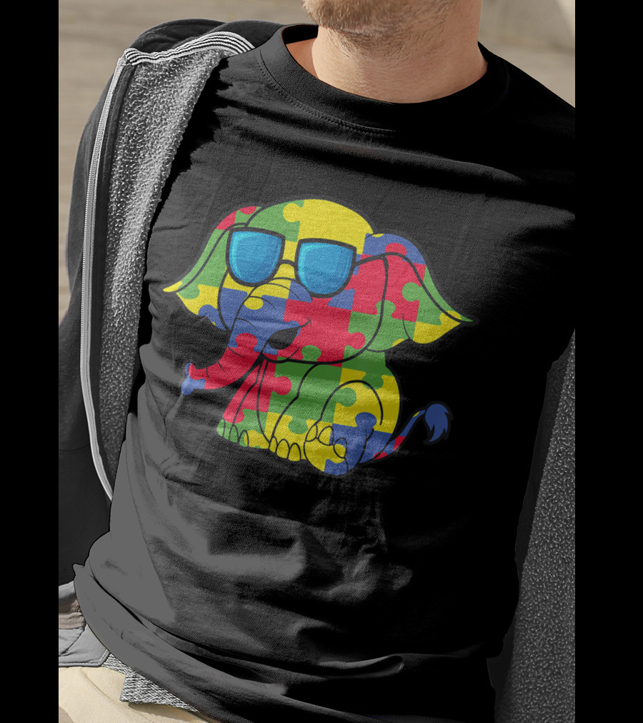 Autism Awareness Puzzle Pattern Elephant With Sunglasses T-Shirt