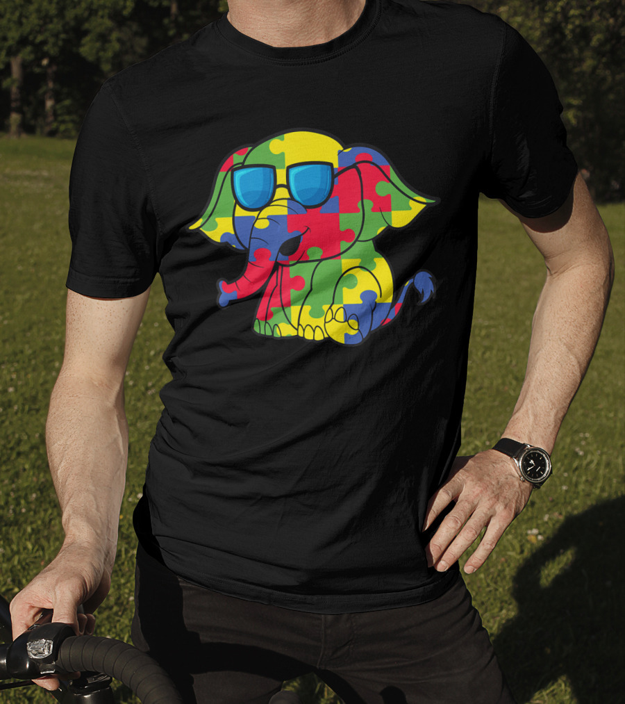 Autism Awareness Puzzle Pattern Elephant With Sunglasses T-Shirt