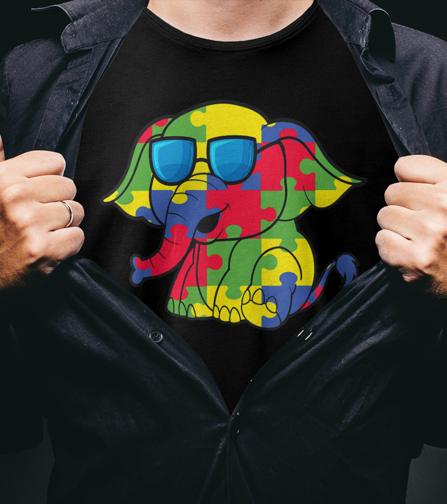 Autism Awareness Puzzle Pattern Elephant With Sunglasses T-Shirt