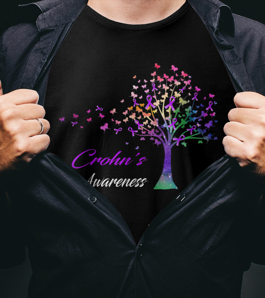 Crohn's Awareness Tree With Ribbon And Butterflies T-Shirt