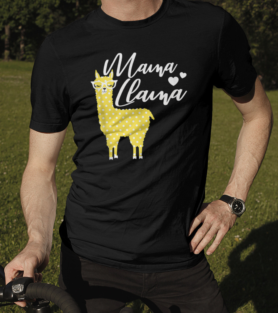 Mama Llama Yellow Polka Dots With Glasses And Hearts T-Shirt