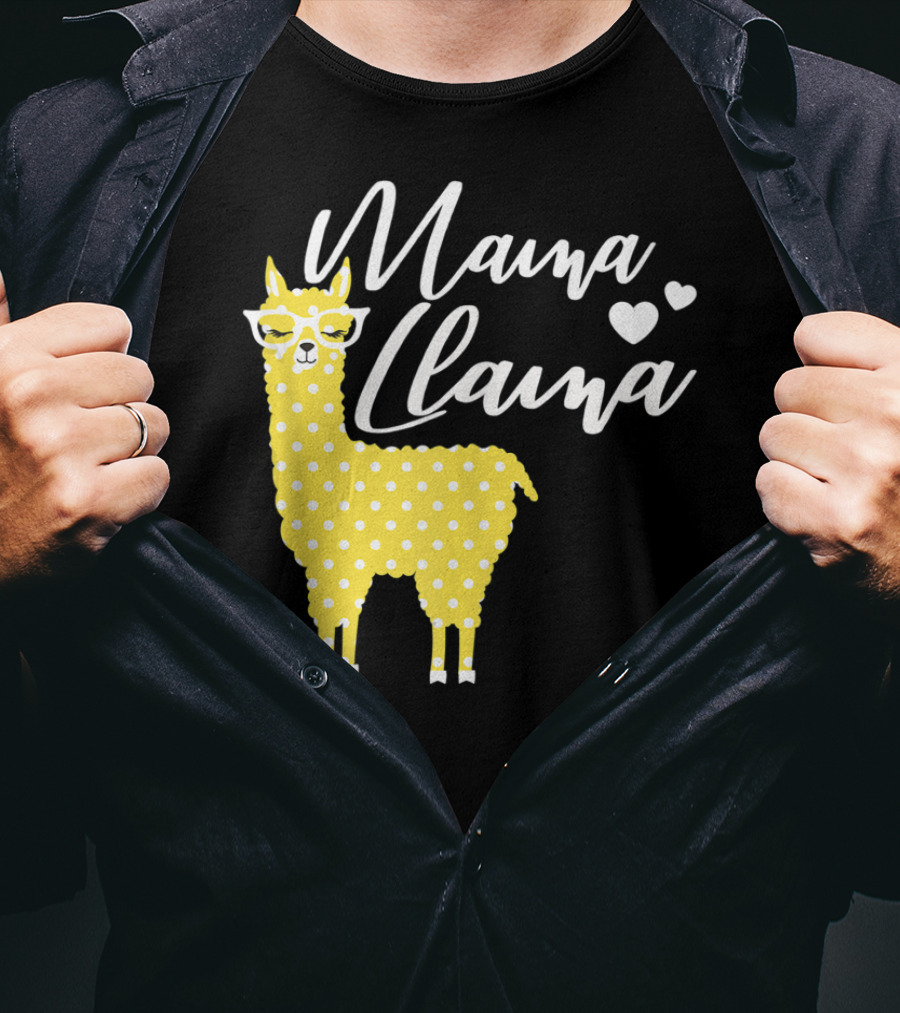 Mama Llama Yellow Polka Dots With Glasses And Hearts T-Shirt