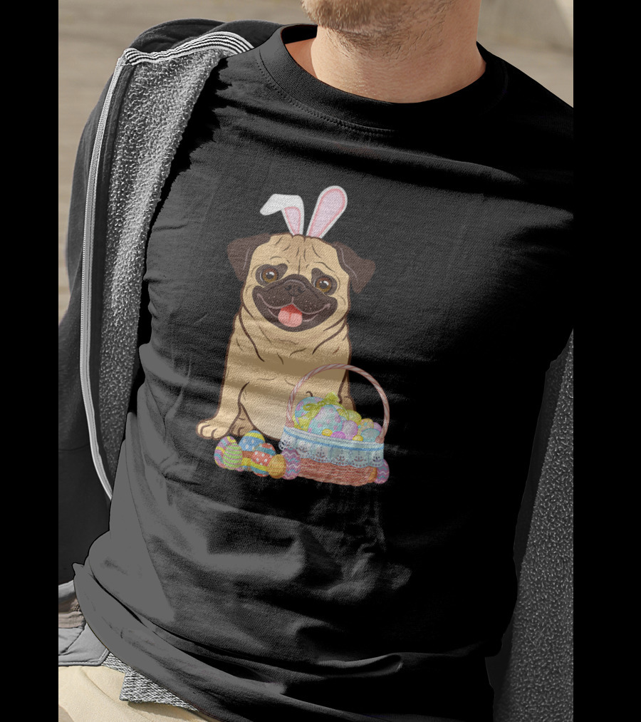 Pug Wearing Bunny Ears With Easter Egg Basket T-Shirt