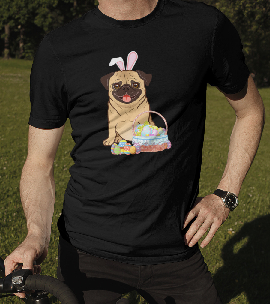Pug Wearing Bunny Ears With Easter Egg Basket T-Shirt