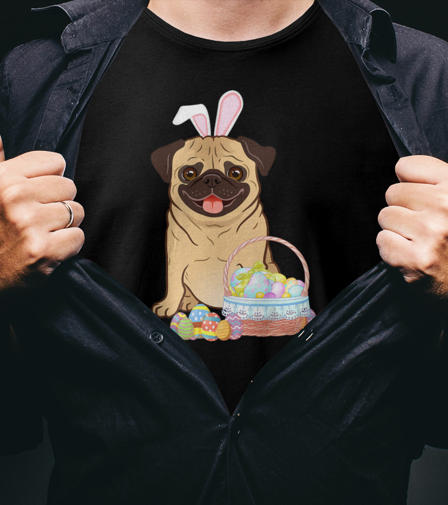 Pug Wearing Bunny Ears With Easter Egg Basket T-Shirt