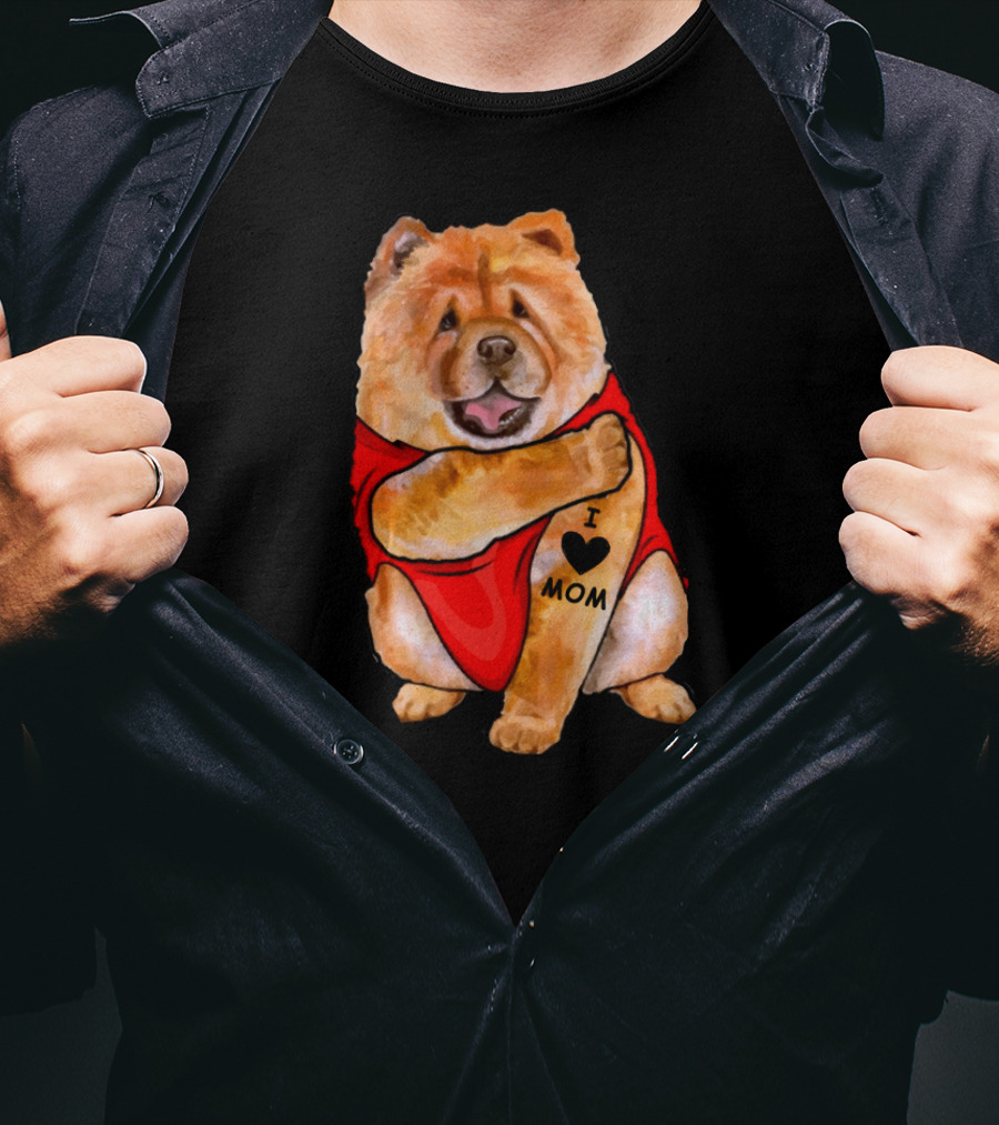 Tattoo I Love Mom Chow Chow Dog In Red T-Shirt