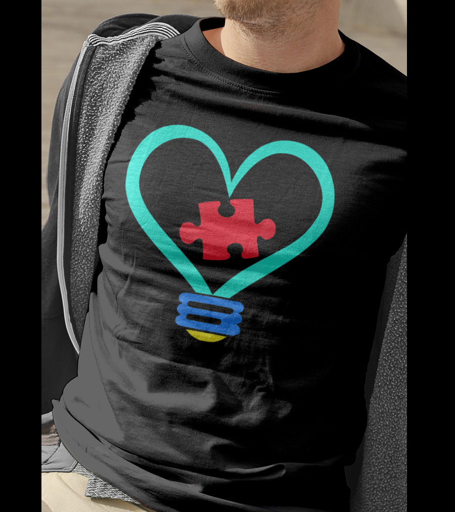 Lightbulb With Heart And Autism Puzzle Piece T-Shirt