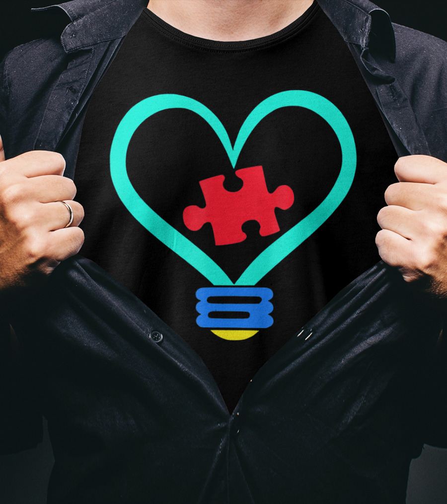 Lightbulb With Heart And Autism Puzzle Piece T-Shirt
