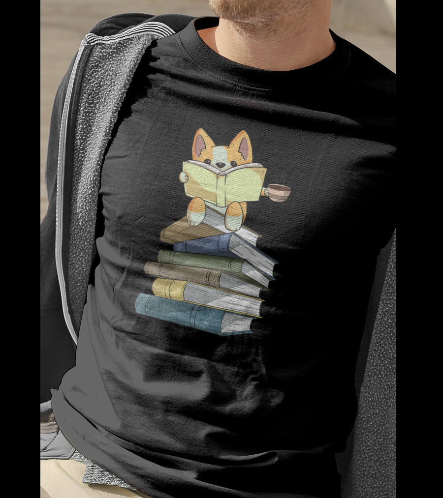 Corgi Sitting On Book Stack With Coffee And Reading Book T-Shirt