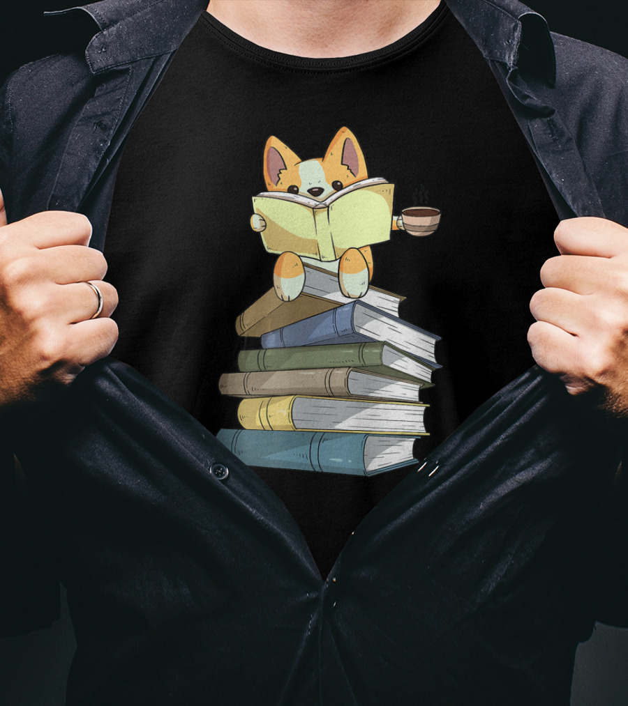 Corgi Sitting On Book Stack With Coffee And Reading Book T-Shirt
