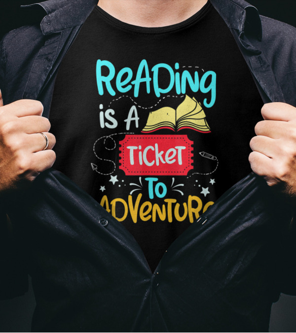 Reading Is A Ticket To Adventure Book Open Pages Stars Pencils T-Shirt