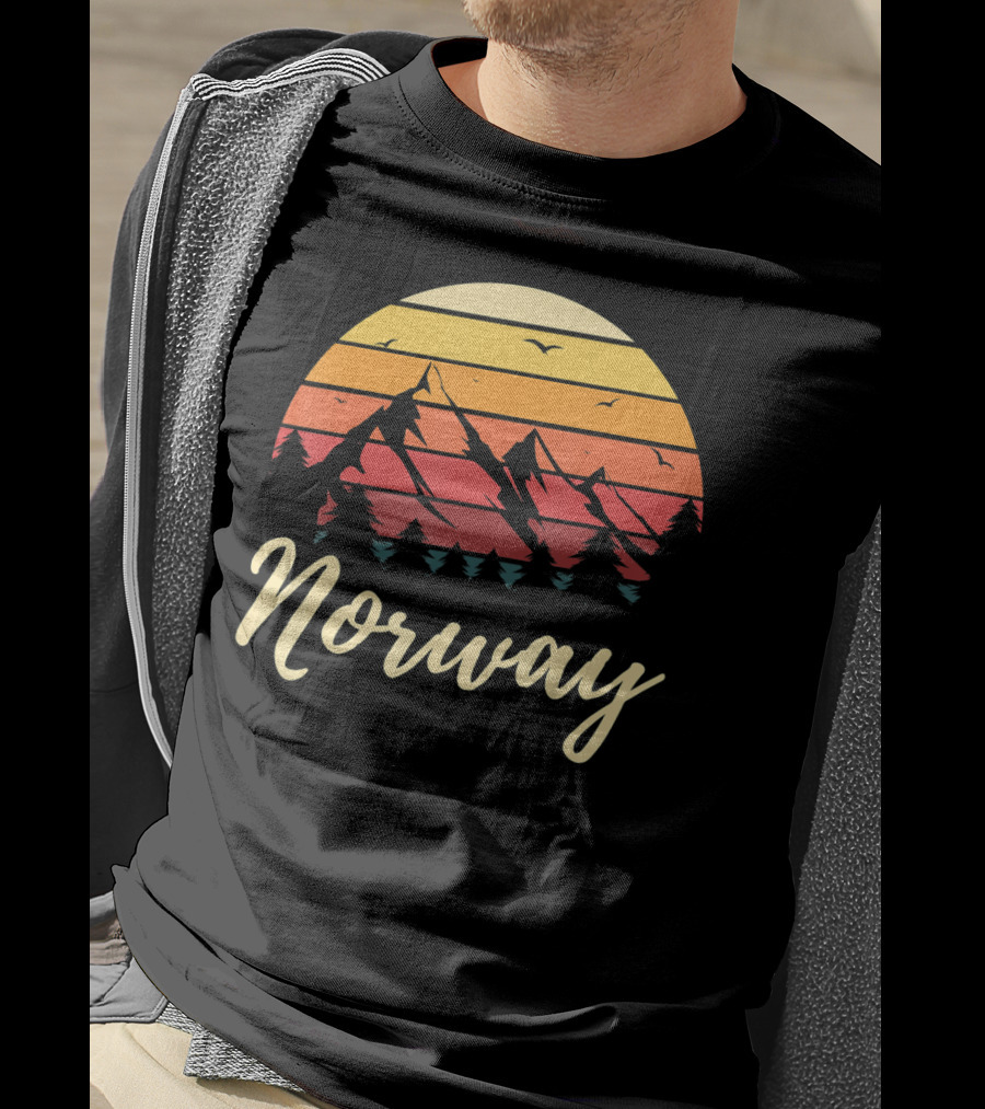 Retro Norway Mountain Sunset Landscape With Pine Trees And Birds T-Shirt