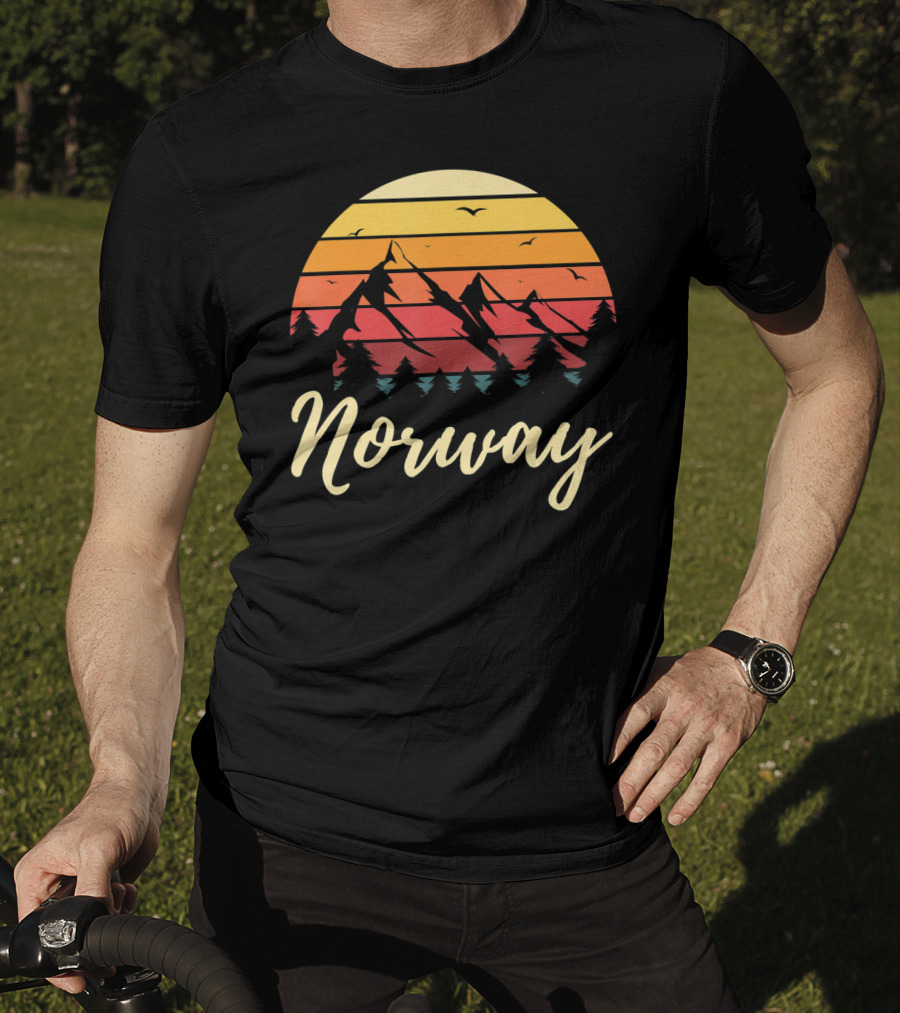 Retro Norway Mountain Sunset Landscape With Pine Trees And Birds T-Shirt