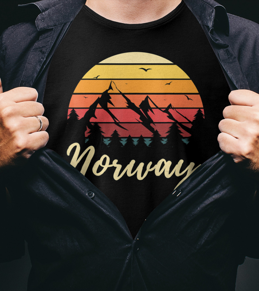 Retro Norway Mountain Sunset Landscape With Pine Trees And Birds T-Shirt