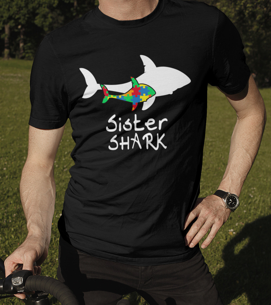 Sister Shark Autism Puzzle Piece Awareness T-Shirt