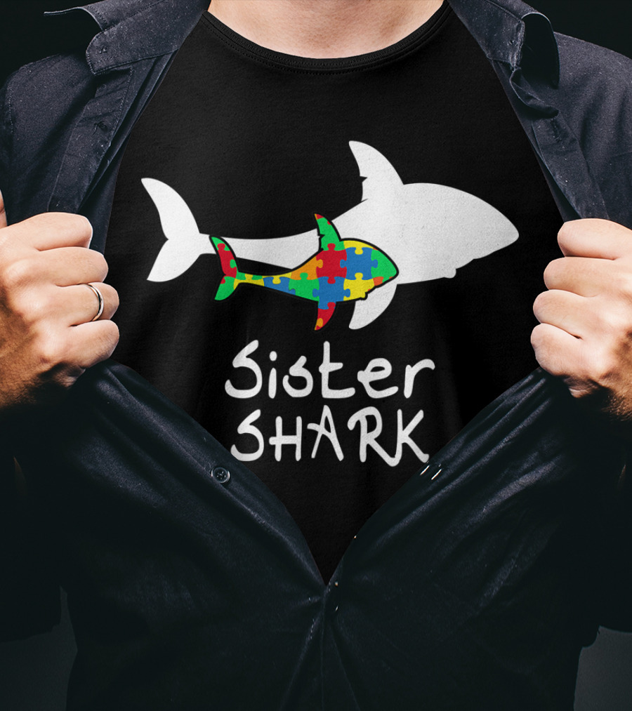 Sister Shark Autism Puzzle Piece Awareness T-Shirt