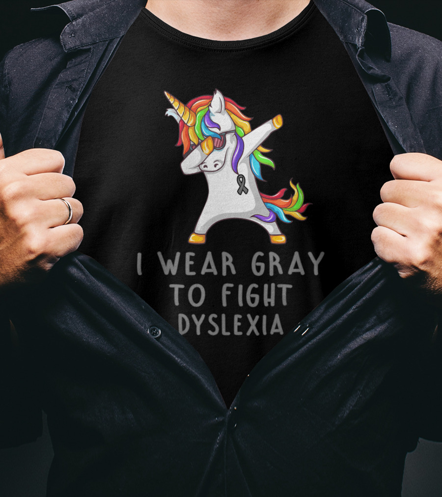 I Wear Gray To Fight Dyslexia Unicorn Rainbow Dabbing T-Shirt