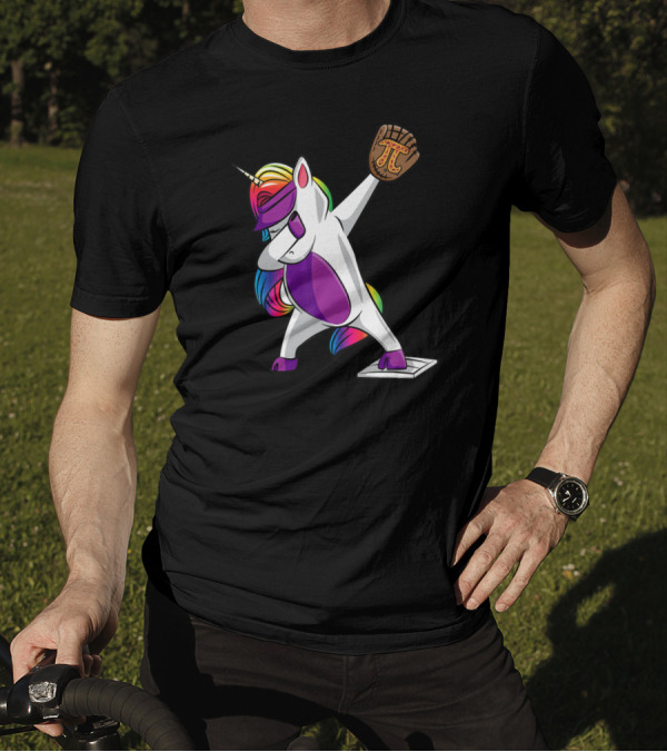 Pi Day Baseball Dabbing Unicorn Rainbow Glove T-Shirt