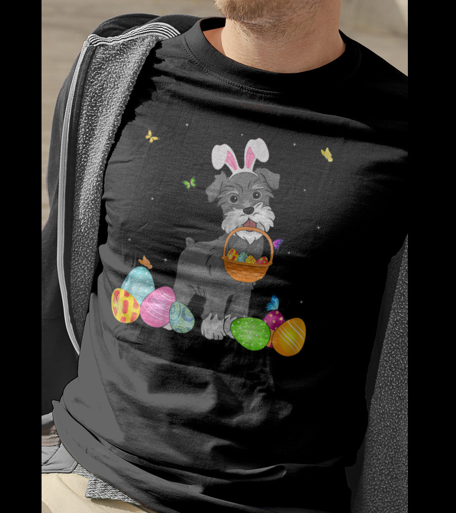Bunny Schnauzer With Basket And Eggs Easter Day T-Shirt