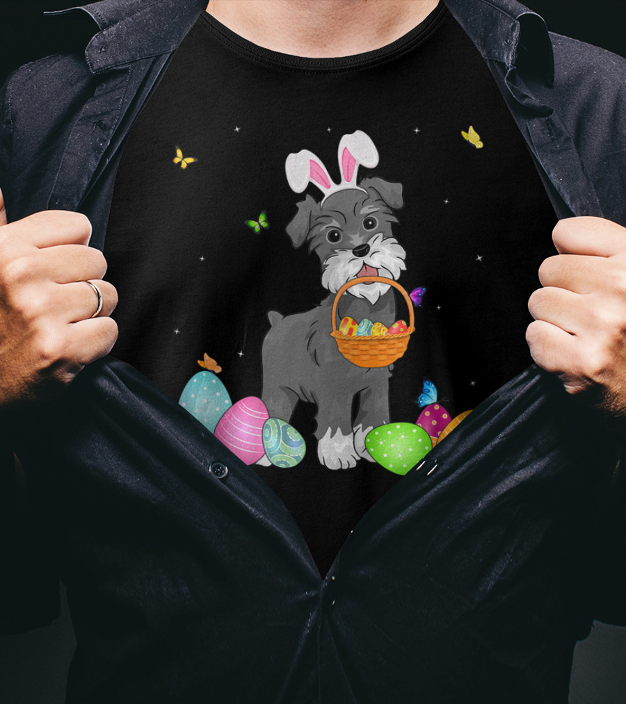 Bunny Schnauzer With Basket And Eggs Easter Day T-Shirt