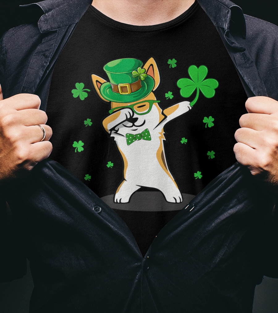 Dabbing Corgi With Shamrocks And Leprechaun Hat For St. Patrick's Day T-Shirt