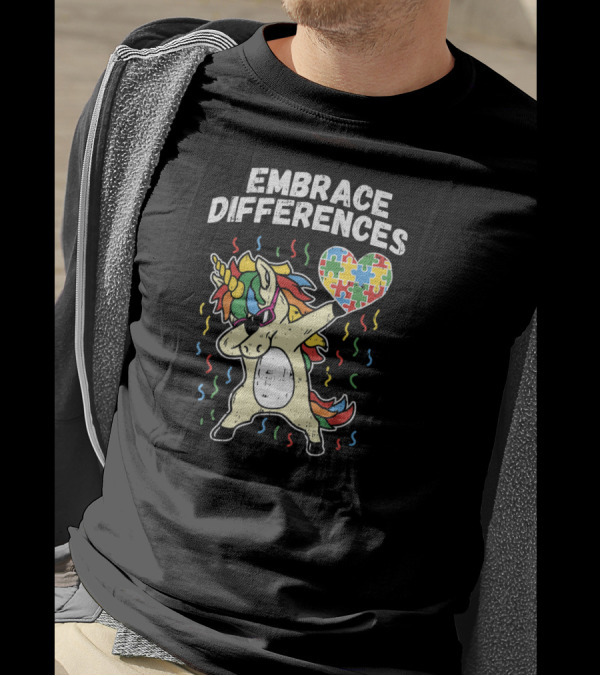 Embrace Differences Dabbing Unicorn Puzzle Heart Autism T-Shirt