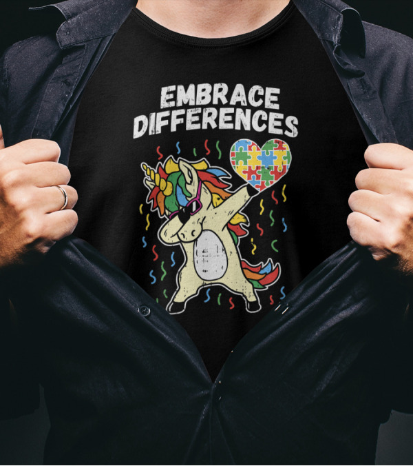 Embrace Differences Dabbing Unicorn Puzzle Heart Autism T-Shirt