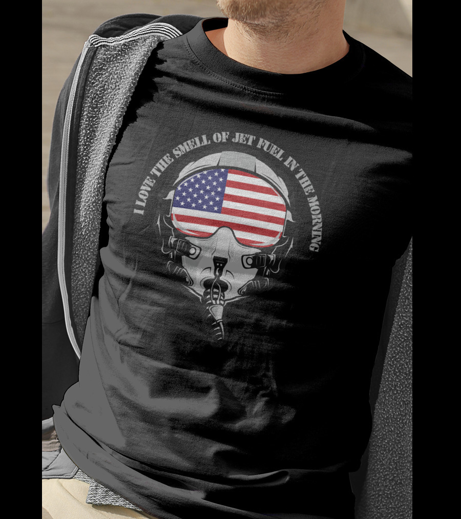 I Love The Smell Of Jet Fuel In The Morning Pilot Mask With American Flag Visor T-Shirt