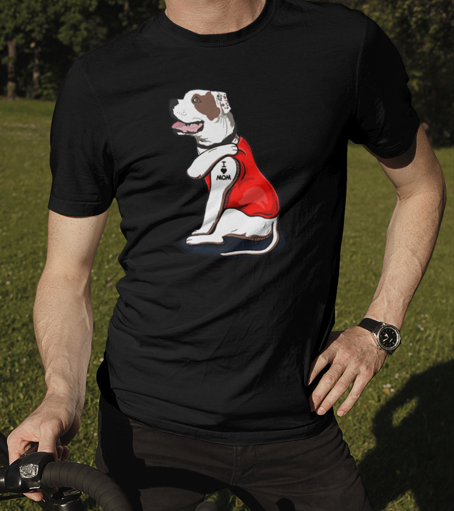 American Bulldog Wearing I Love Mom Tattoo Paw Sleeve T-Shirt