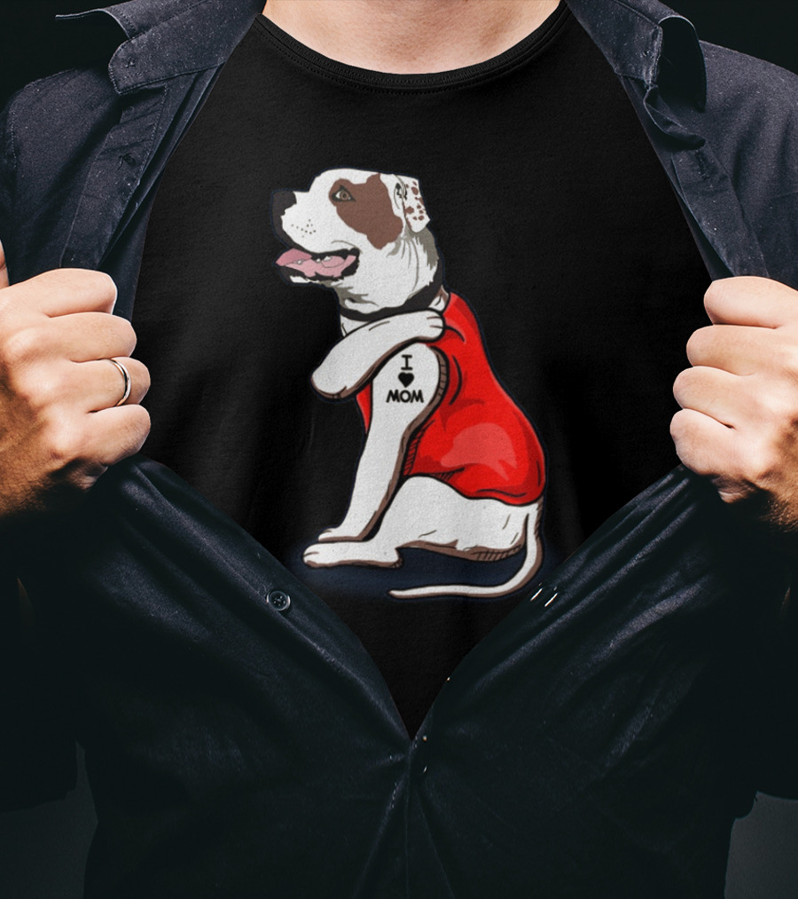 American Bulldog Wearing I Love Mom Tattoo Paw Sleeve T-Shirt