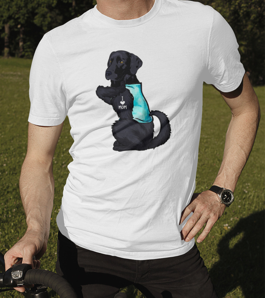 Black Labrador Dog With I Love Mom Heart Tattoo T-Shirt