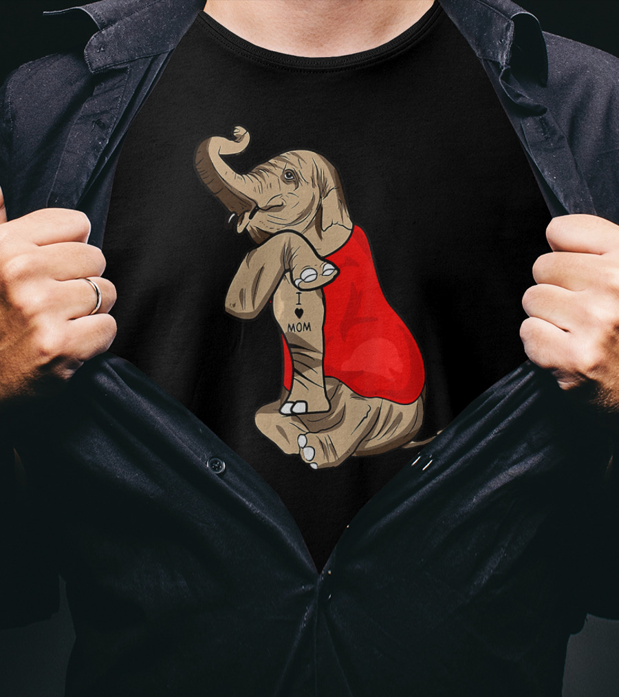 Elephant In Red I Love Mom Tattoos T-Shirt