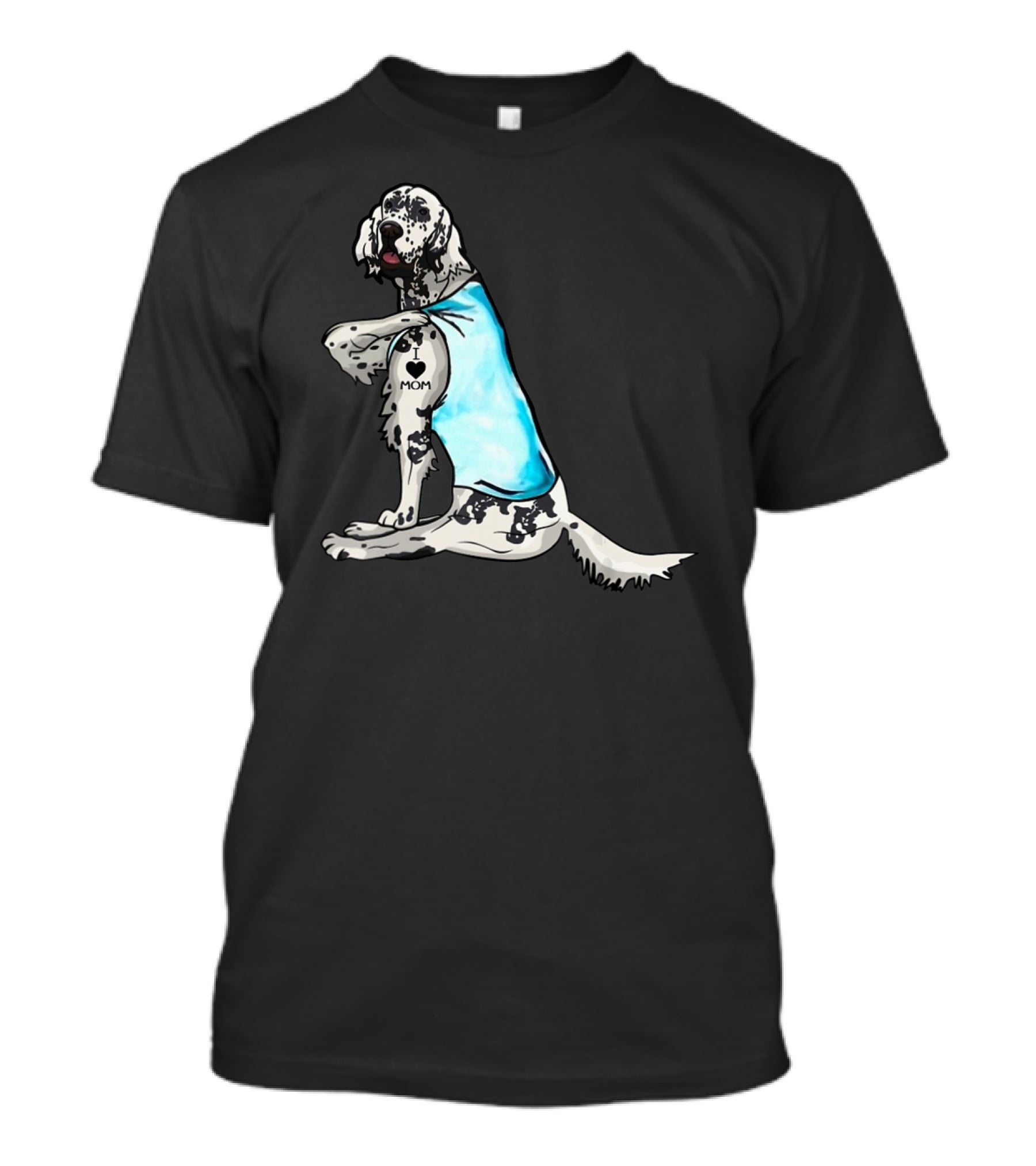 English Setter With I Love Mom Tattoo And Blue Bandana T-Shirt