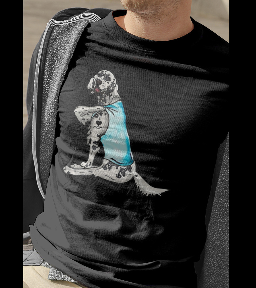 English Setter With I Love Mom Tattoo And Blue Bandana T-Shirt