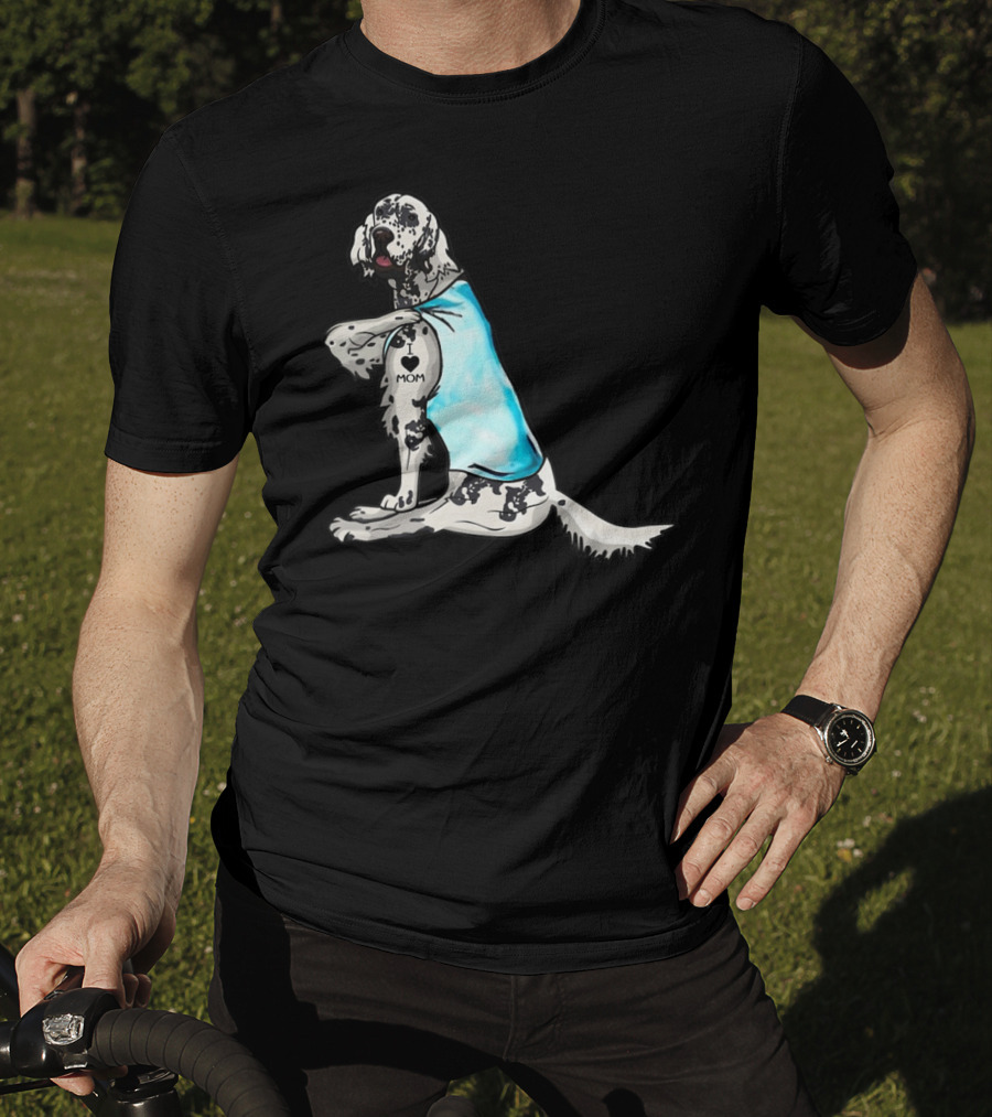 English Setter With I Love Mom Tattoo And Blue Bandana T-Shirt