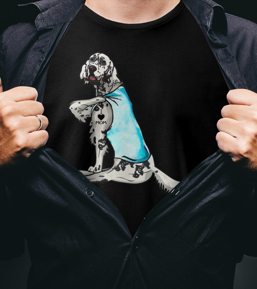 English Setter With I Love Mom Tattoo And Blue Bandana T-Shirt