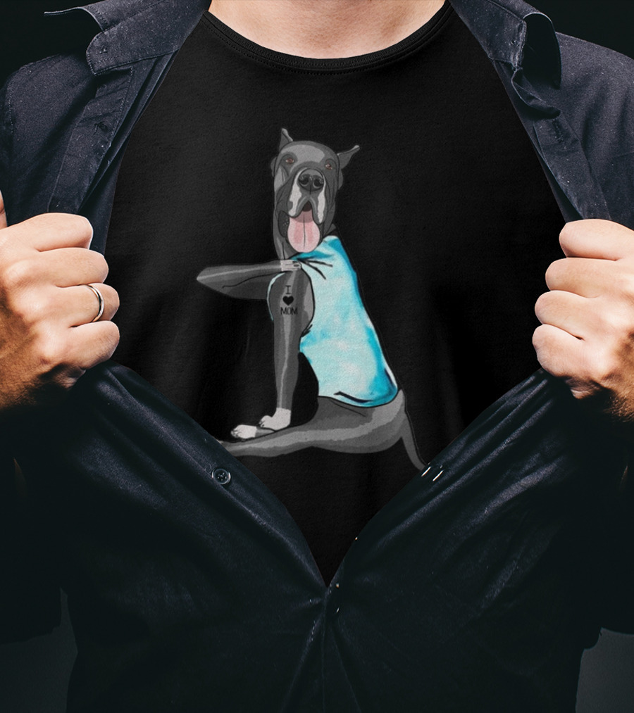 Great Dane I Love Mom Tattoo Dog In Blue Vest T-Shirt