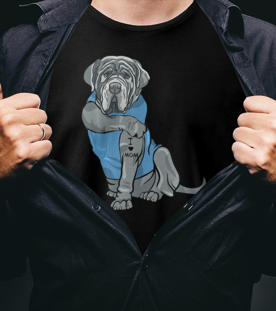 Neapolitan Mastiff I Love Mom Tattoo Dog Wearing Blue T-Shirt
