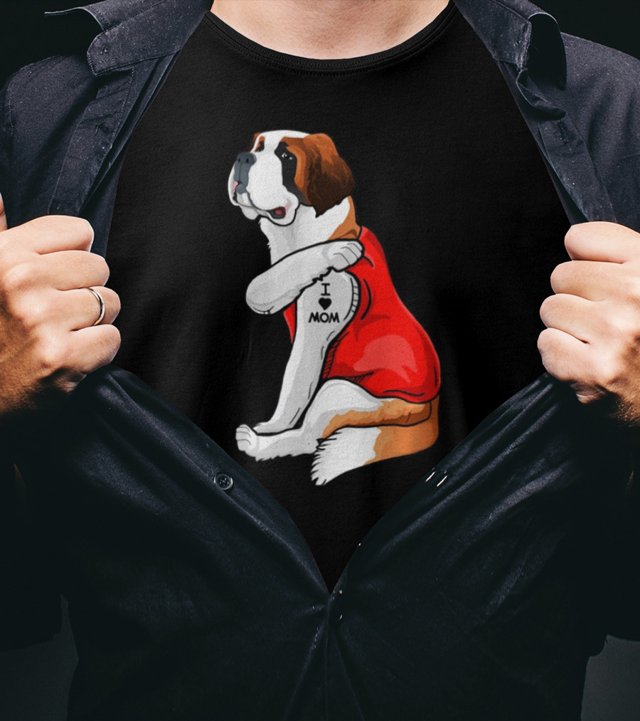 St Bernard Dog I Love Mom Tattoo Heart Red Top T-Shirt