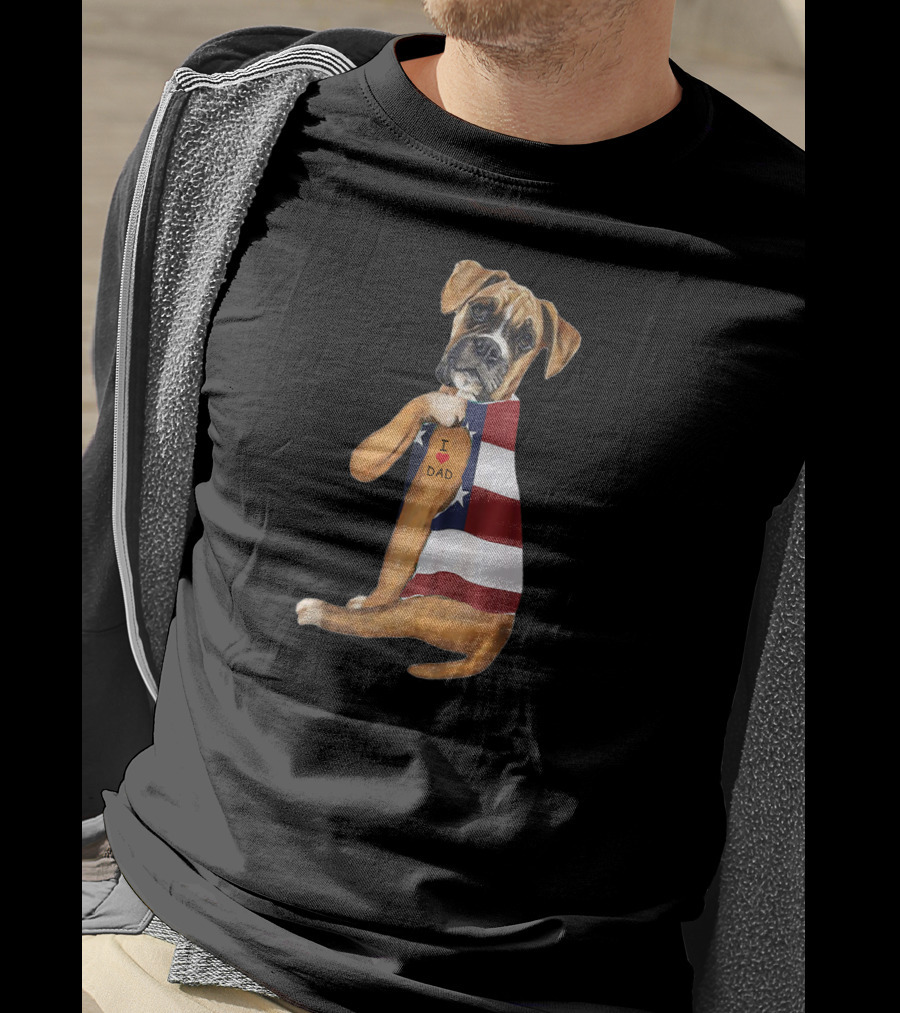 Boxer Dog I Love Dad American Flag T-Shirt