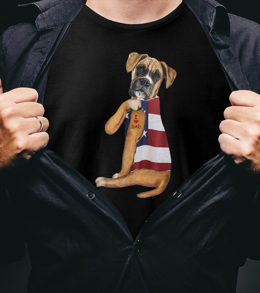 Boxer Dog I Love Dad American Flag T-Shirt